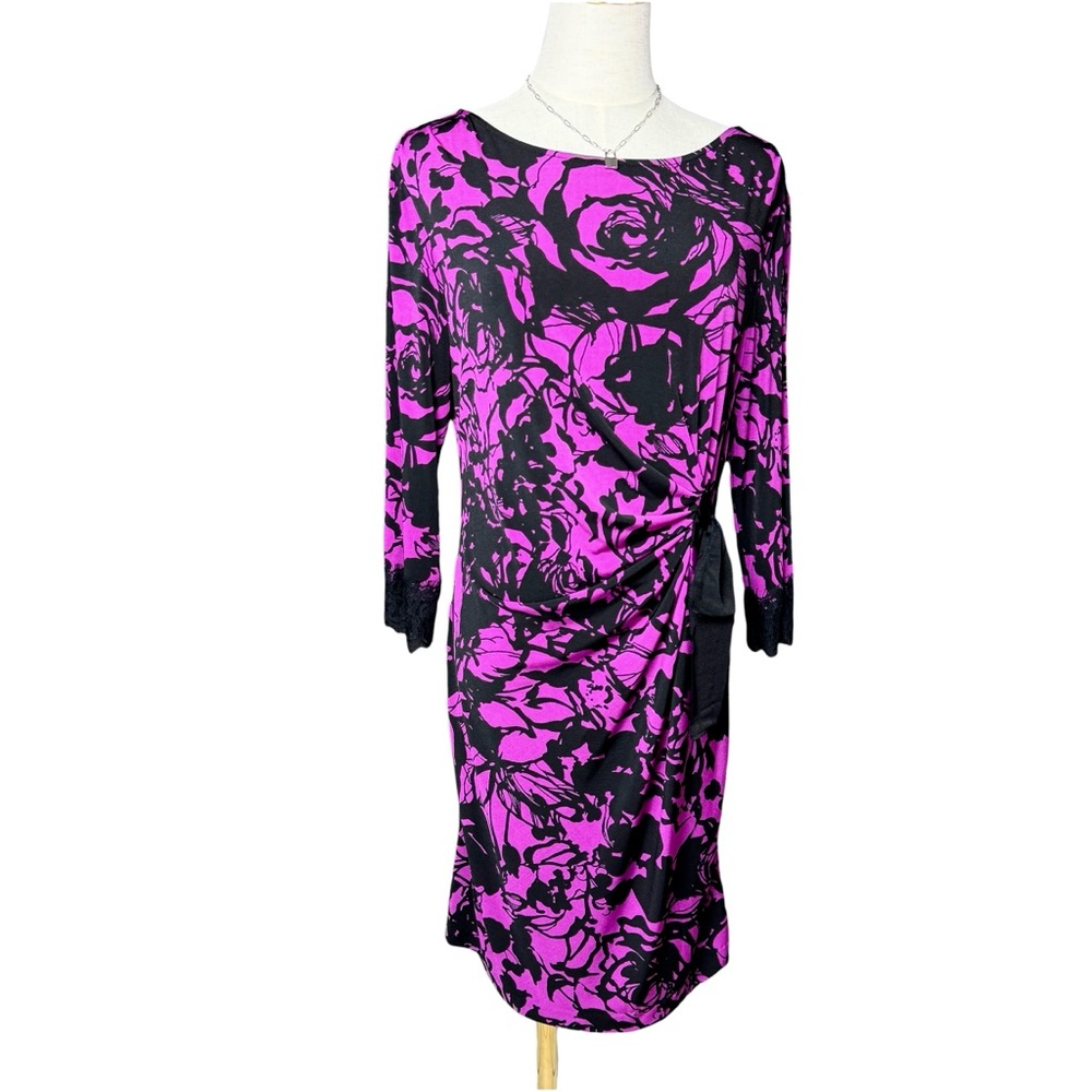 Danny & Nicole Faux Wrap Dress Floral Pink Black Lace Stretch Romantic Retro 10